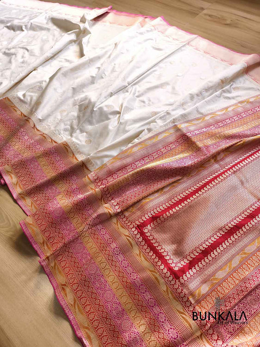 Ivory Kadiyal Multi Border Sona Rupa Round Buti Kadwa Handwoven Banarasi Pure Katan Silk Saree