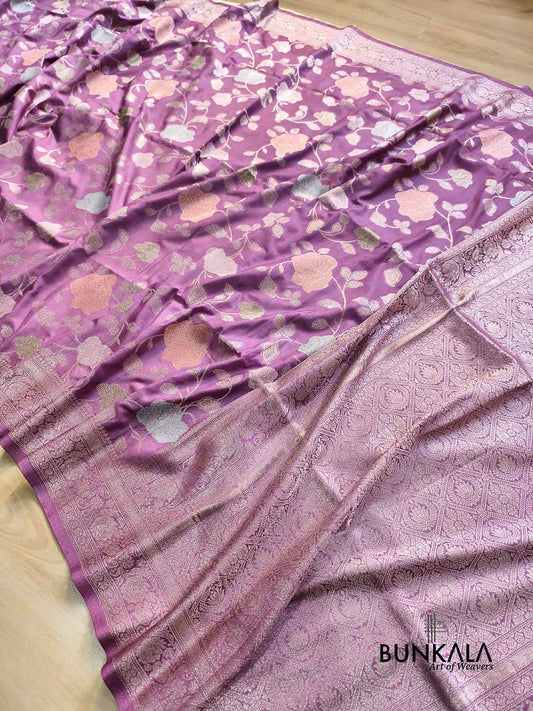 Mauve Purple Meenakari Big Leaf Jaal Weaved Banarasi Silk Saree