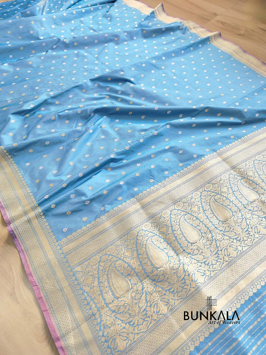 Light Blue Sona Rupa Buti Handloom Banarasi Pure Katan Silk Saree