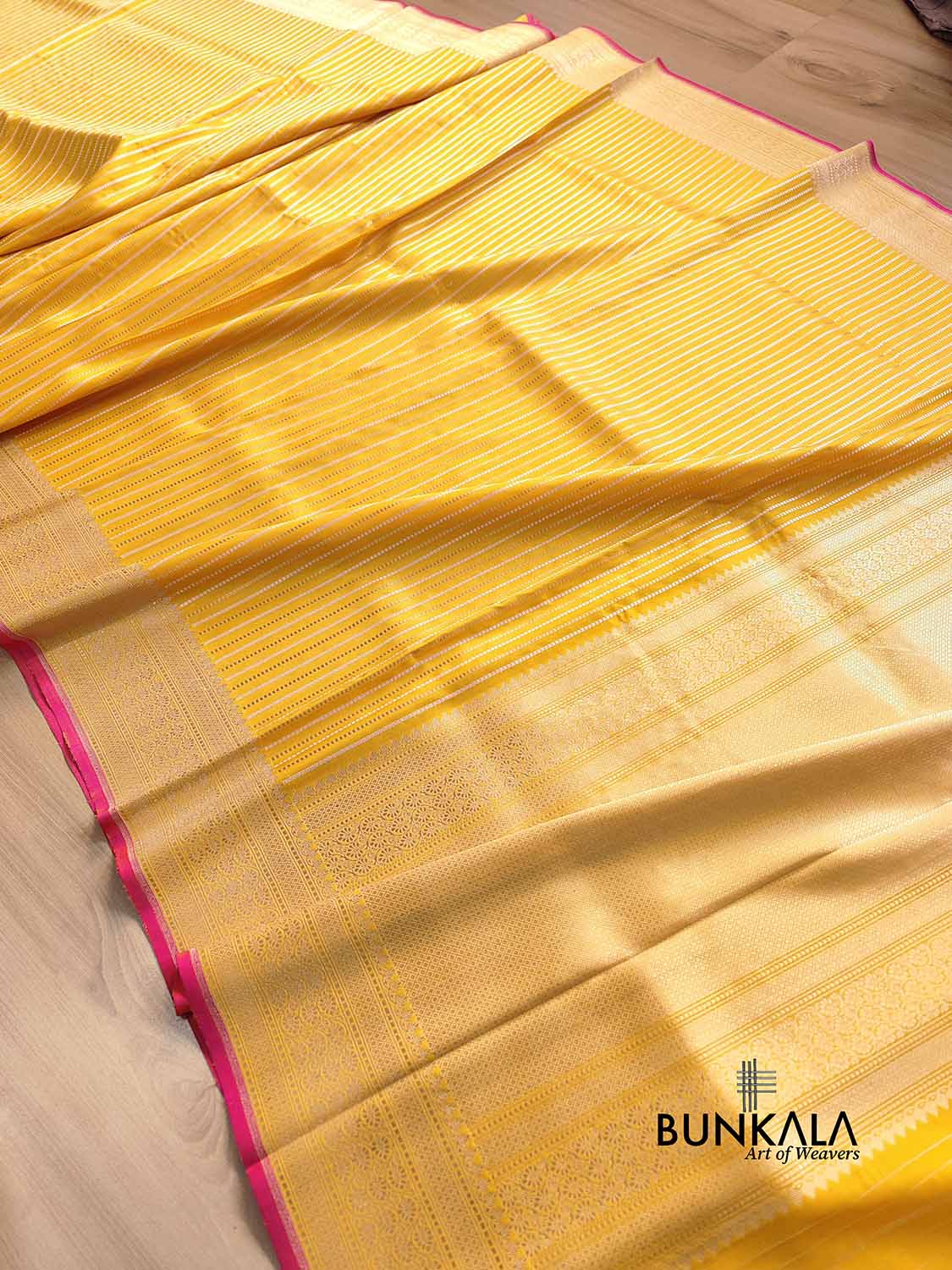 Yellow Gold Sona Rupa Stripe Handloom Banarasi Pure Katan Silk Saree