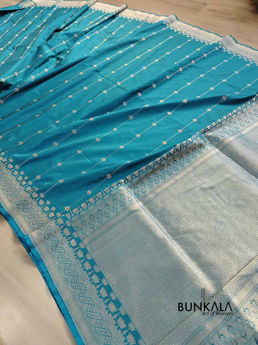 Bluish Green Kadwa Star Meenakari Buti Stripe Handloom Banarasi Pure Katan Silk Saree