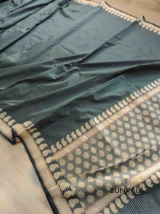Bottle Green Checks Paisley Kadwa Handweaved Banarasi Pure Katan Silk Saree