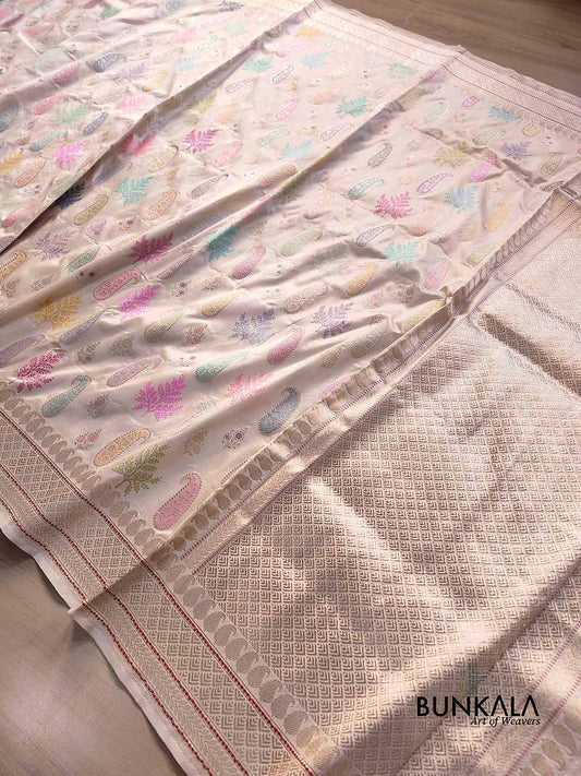 Ivory Multicolor Buta Rangkat Hand Kadwa Weaved Banarasi Pure Katan Silk Saree