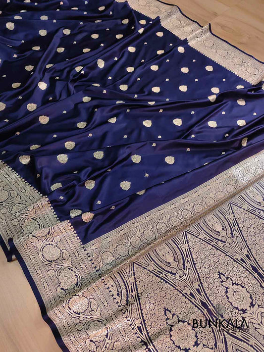 Dark Blue Soft Mashru Silk Allover Small Buti Weaved Banarasi Saree