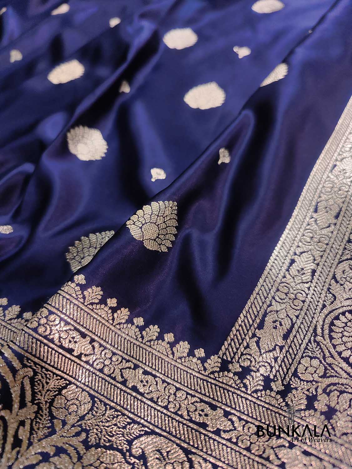 Dark Blue Soft Mashru Silk Allover Small Buti Weaved Banarasi Saree