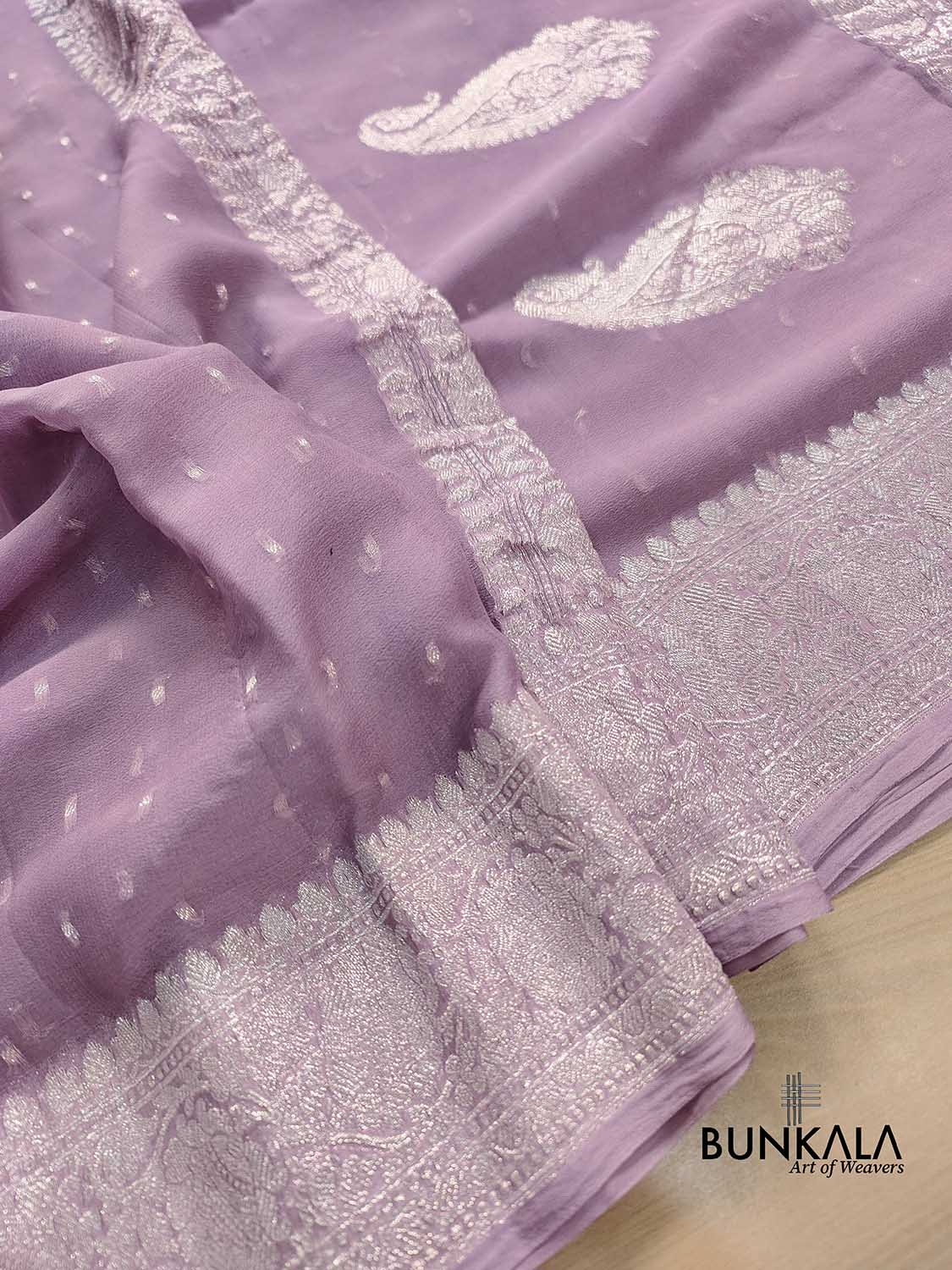 Mauve Purple Allover Silver Zari Buti Banarasi Pure Khaddi Chiffon Saree