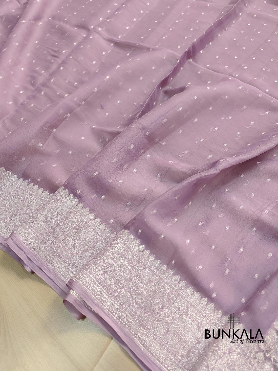 Mauve Purple Allover Silver Zari Buti Banarasi Pure Khaddi Chiffon Saree