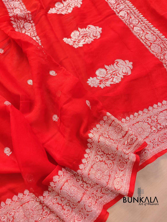 Burnt Orange Allover Silver Zari Buti Banarasi Pure Khaddi Chiffon Saree