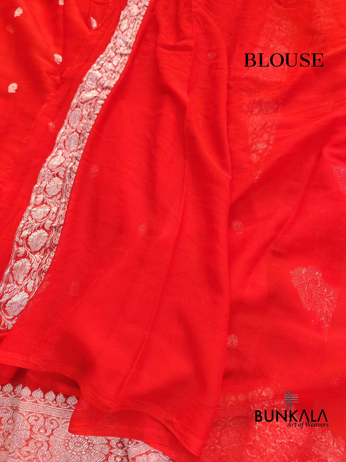 Burnt Orange Allover Silver Zari Buti Banarasi Pure Khaddi Chiffon Saree