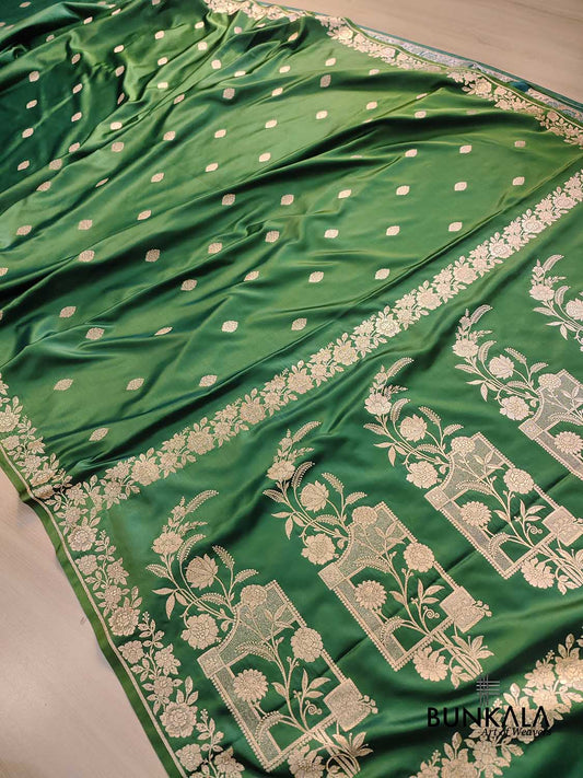 Mehendi Green Buti Weaved Banarasi Mashru Silk Floral Border Saree
