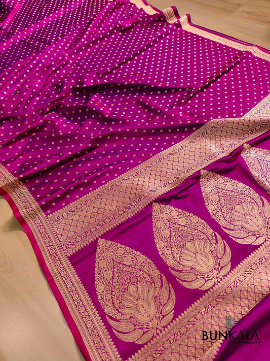 Hot Pink Small Flower Buti Weaved Banarasi Mashru Silk Floral Border Saree