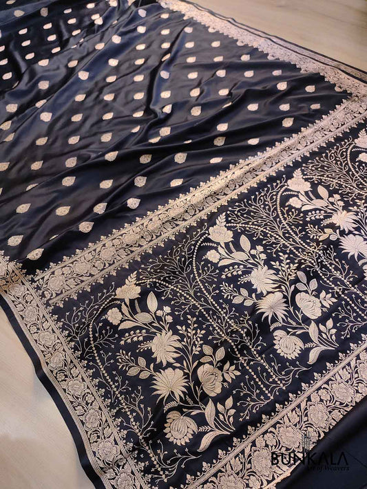Jet Black Buta Weaved Banarasi Mashru Silk Floral Border Saree