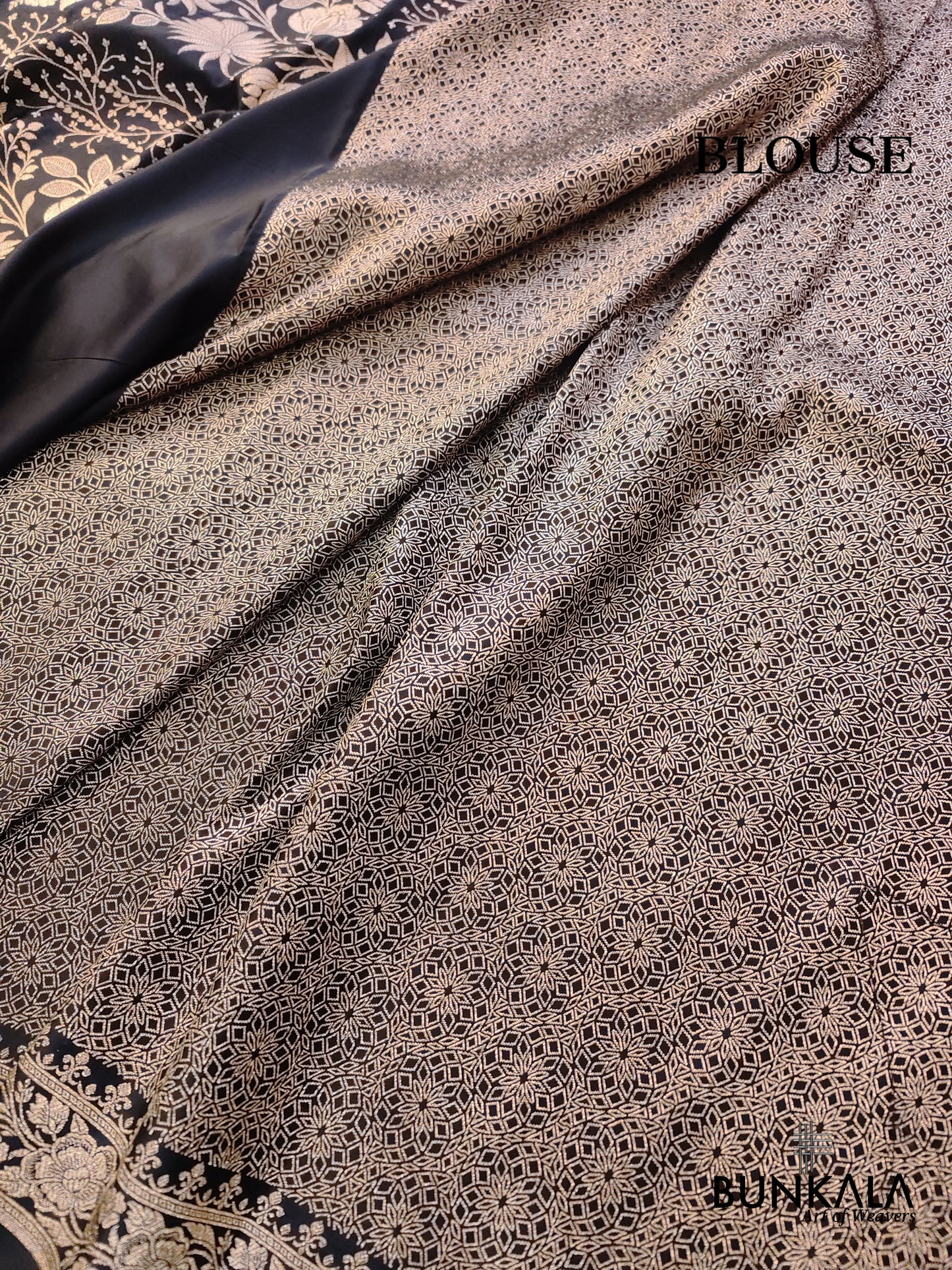 Jet Black Buta Weaved Banarasi Mashru Silk Floral Border Saree