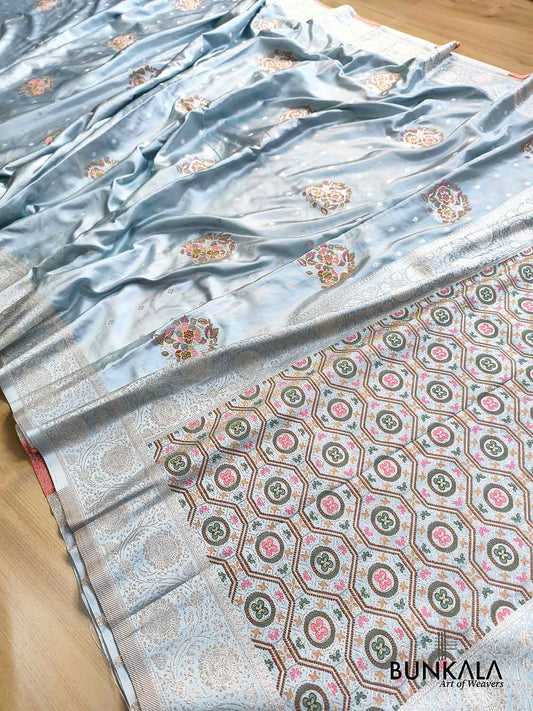Pastel Blue Floral Meenakari Buta Banarasi Mashru Silk Saree