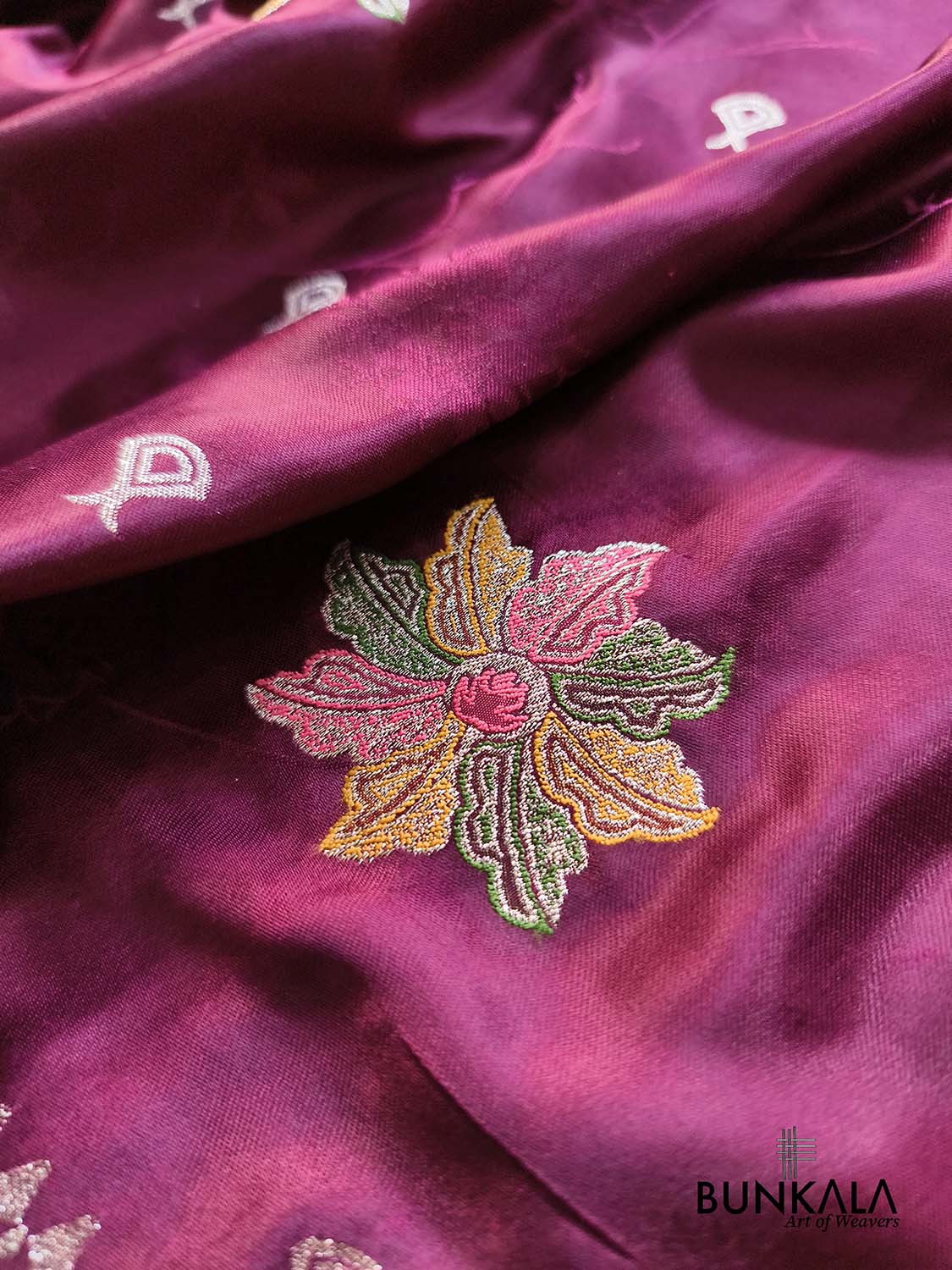 Burgundy Maroon Flower Meena Buta Banarasi Mashru Silk Saree