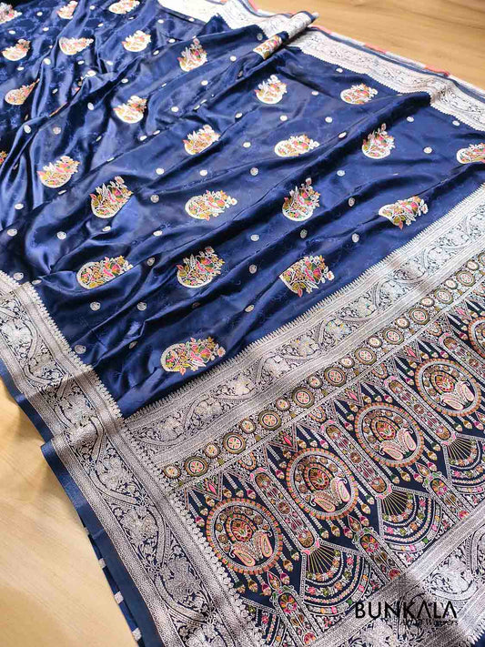 Midnight Blue Flower Meenakari Buta Banarasi Mashru Silk Saree