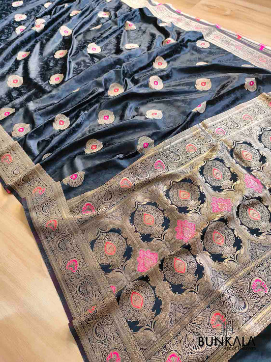 Jet Black Meena Buta Banarasi Mashru Silk Saree