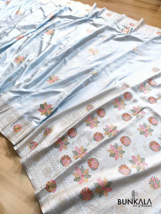 Ice Blue Flower Meena Buta Banarasi Mashru Silk Saree
