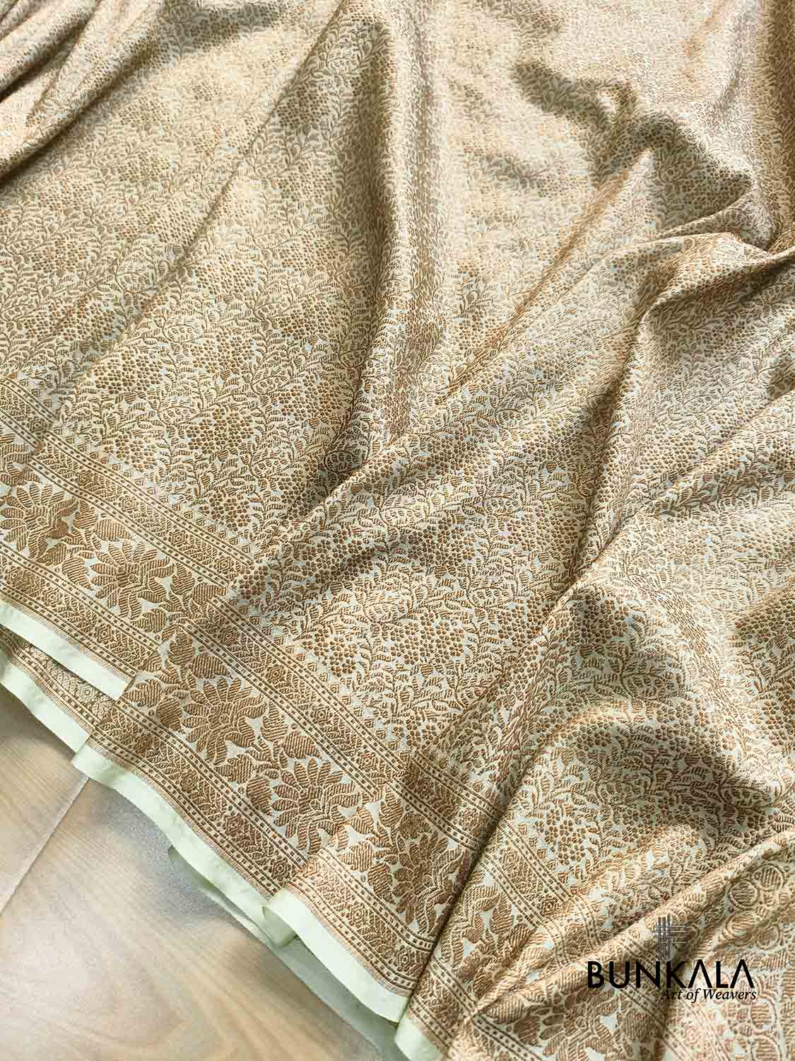 Pista Green Brocade Antique Zari Weaved Banarasi Resham Silk Saree Floral Border