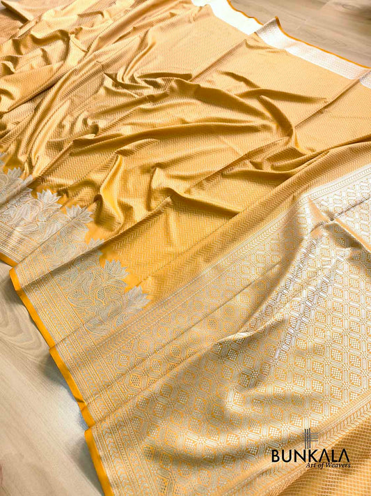 Mustard Yellow Jamewar Weaved Zig Zag Pattern Banarasi Mashru Silk Saree