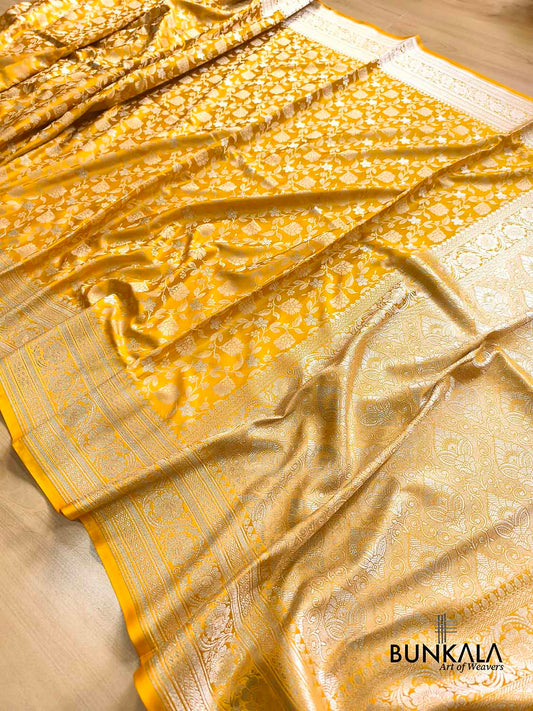 Mustard Yellow Jamewar Weaved Floral Banarasi Mashru Silk Saree