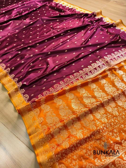 Burgundy with Mastard Contrast Buti Banarasi Mashru Silk Saree