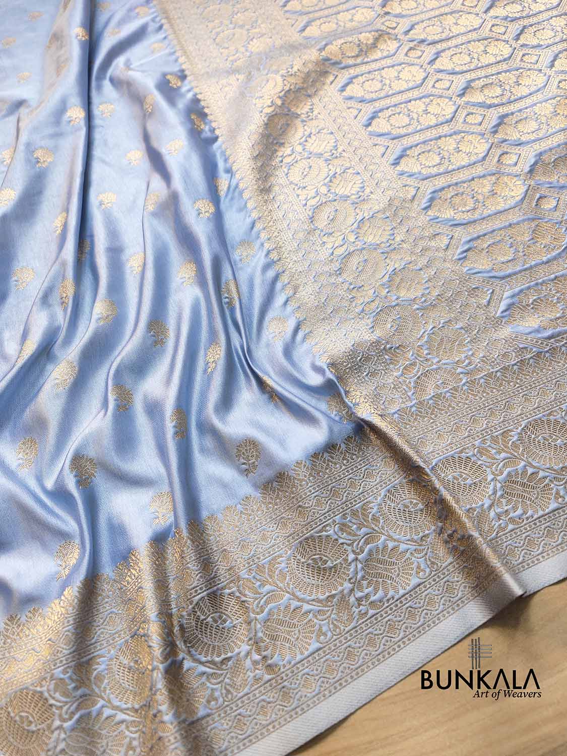 Sky Blue Soft Mashru Silk Allover Small Buti Banarasi Saree with Floral Design Border