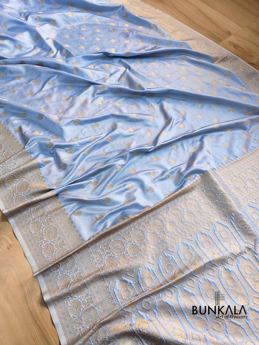 Sky Blue Soft Mashru Silk Allover Small Buti Banarasi Saree with Floral Design Border