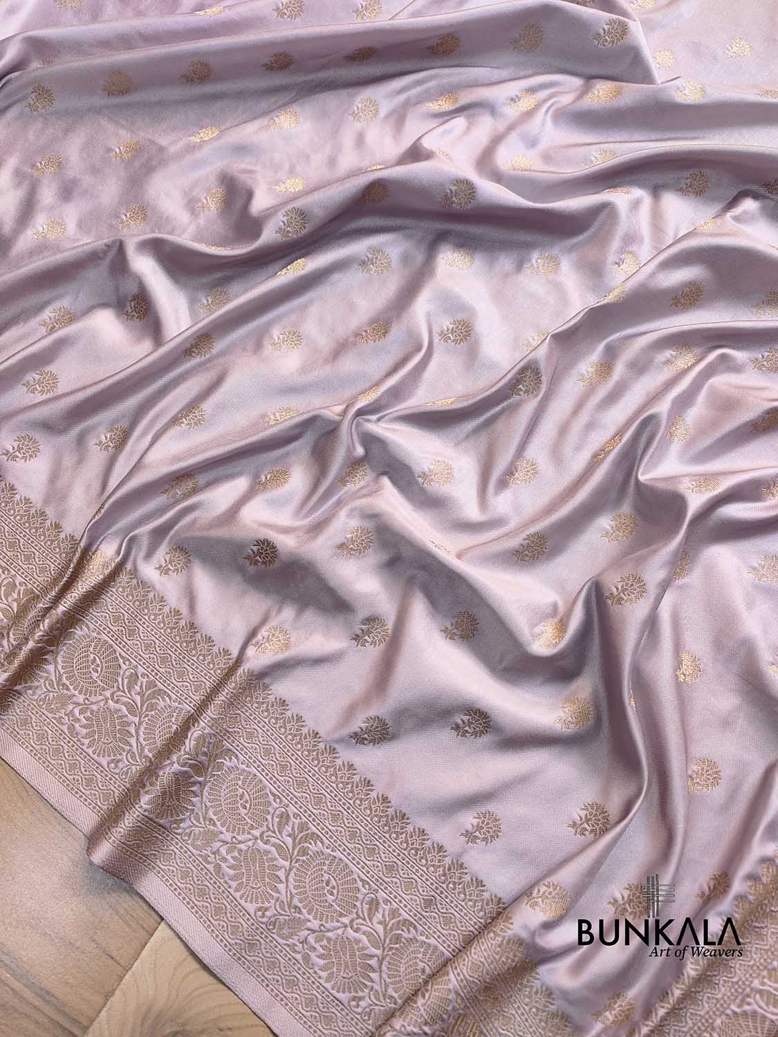 Pastel Grey Soft Mashru Silk Allover Small Buti Banarasi Saree with Floral Design Border