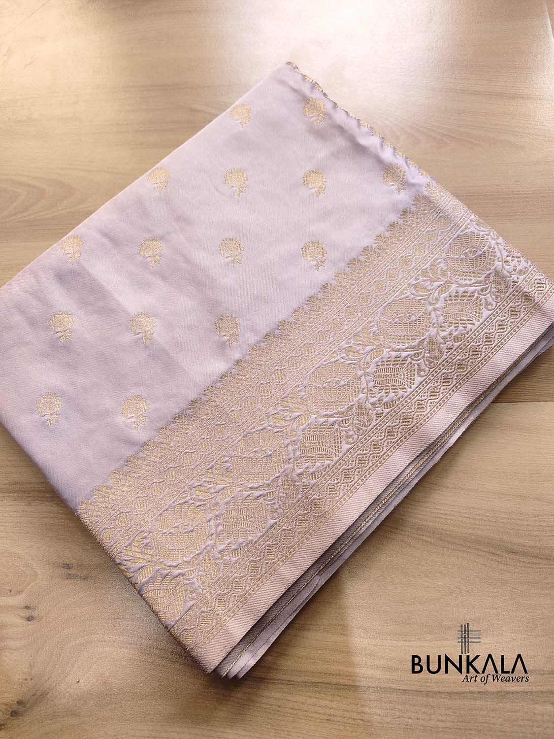 Pastel Grey Soft Mashru Silk Allover Small Buti Banarasi Saree with Floral Design Border