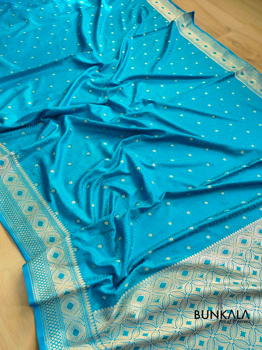 Peacock Blue Jamewar Weaved Soft Mashru Silk Floral Jaal Design Banarasi Saree