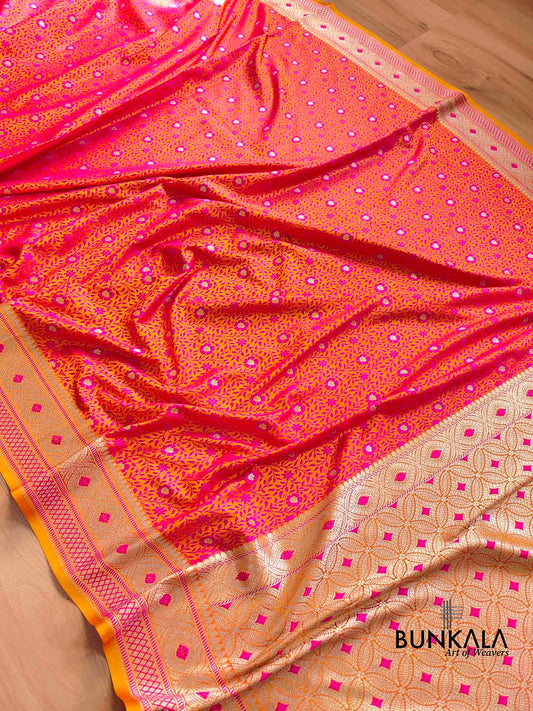 Two Tone Pink and Orange Jamewar Weaved Soft Mashru Silk Floral Jaal Design Banarasi Saree