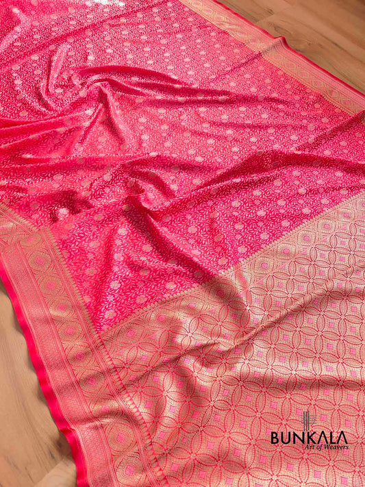Pink Jamewar Weaved Soft Mashru Silk Floral Jaal Design Banarasi Saree