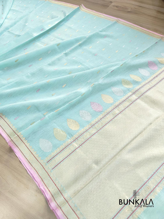 Blue Kadwa Buti Handweaved Banarasi Pure Linen Saree