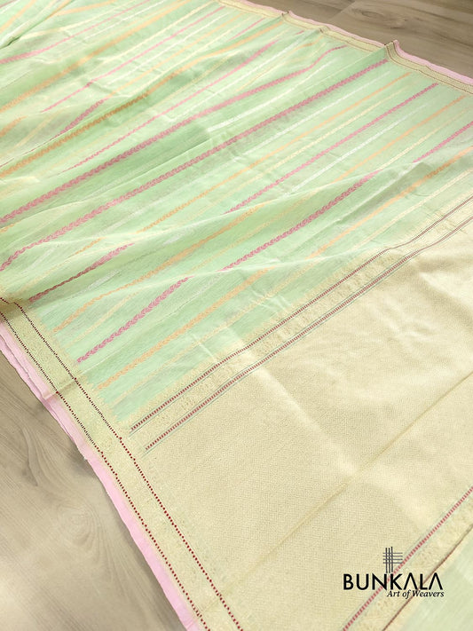 Pista Green Kadwa Stripes Handweaved Banarasi Pure Linen Saree