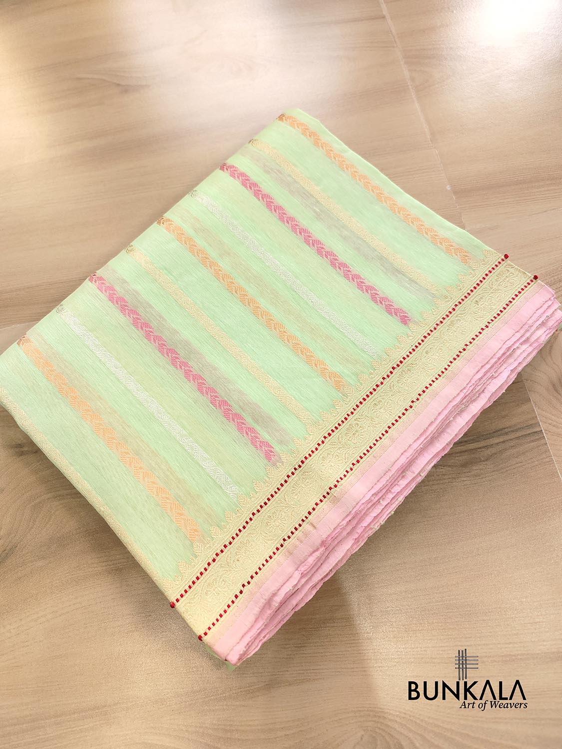 Pista Green Kadwa Stripes Handweaved Banarasi Pure Linen Saree