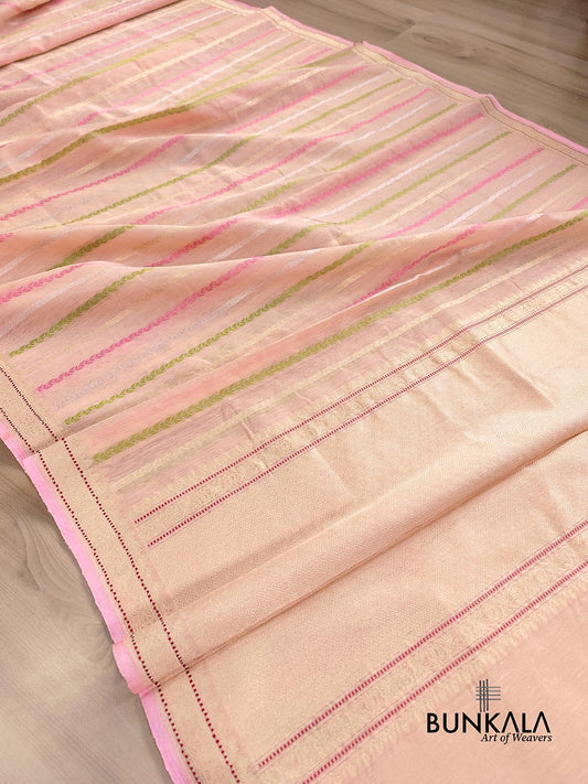 Peach Pink Kadwa Stripe Handweaved Banarasi Pure Linen Saree