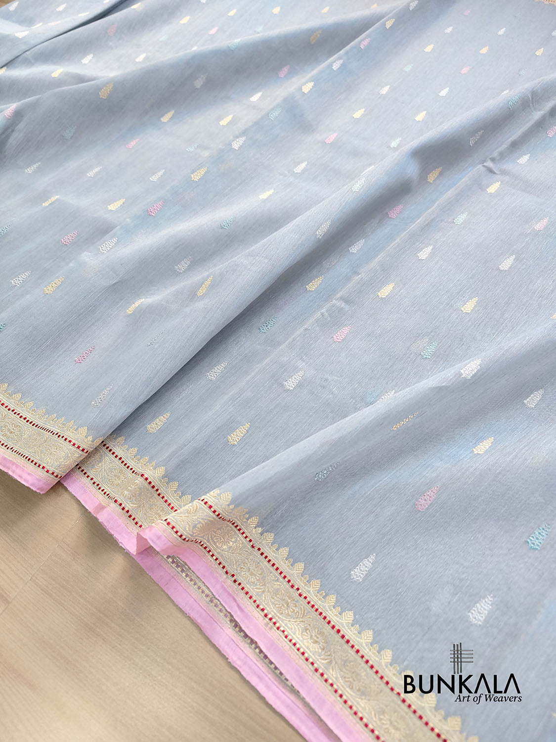 Greyish Blue Kadwa Buti Handweaved Banarasi Pure Linen Saree