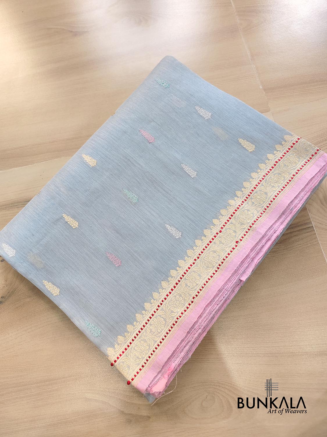 Greyish Blue Kadwa Buti Handweaved Banarasi Pure Linen Saree