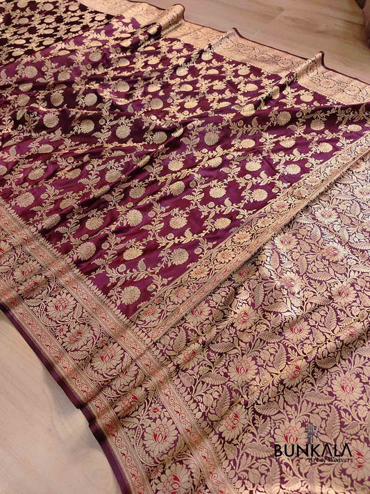 Maroon Floral Jaal Banarasi Mashru Silk Saree