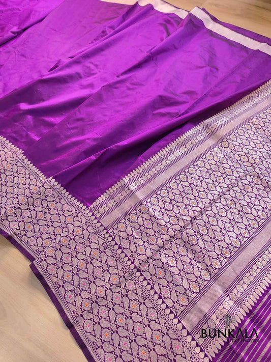 Purple Plain Handloom Banarasi Pure Katan Silk Saree with Big Meenakari Border