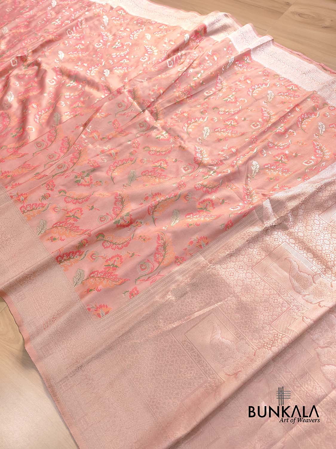 Peach Meenakari Floral Leaf Jaal Weaved Banarasi Tissue Silk Saree