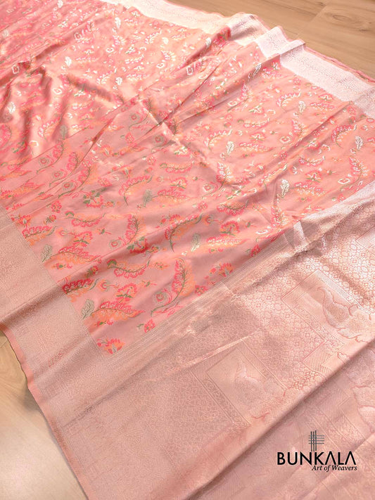 Peach Meenakari Floral Leaf Jaal Weaved Banarasi Tissue Silk Saree