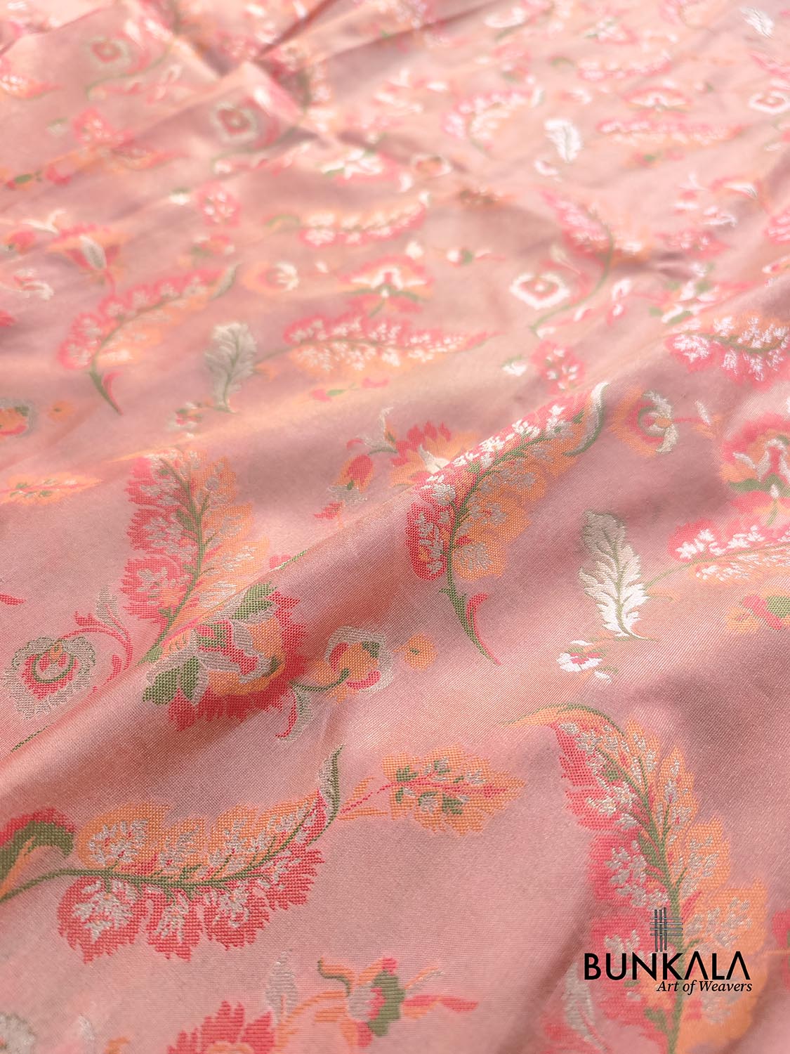 Peach Meenakari Floral Leaf Jaal Weaved Banarasi Tissue Silk Saree