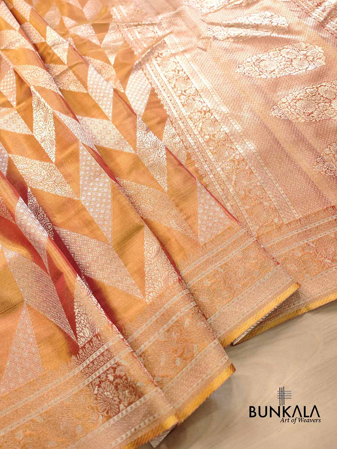 Orange Dual Shade Zig Zag Geometric Design Weaved Banarasi Tissue Silk Saree
