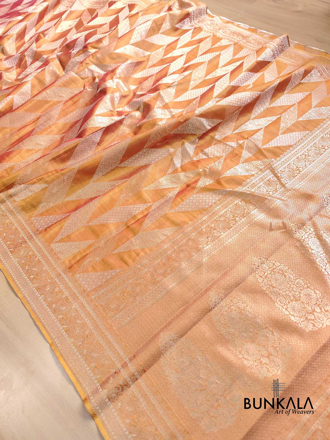 Orange Dual Shade Zig Zag Geometric Design Weaved Banarasi Tissue Silk Saree