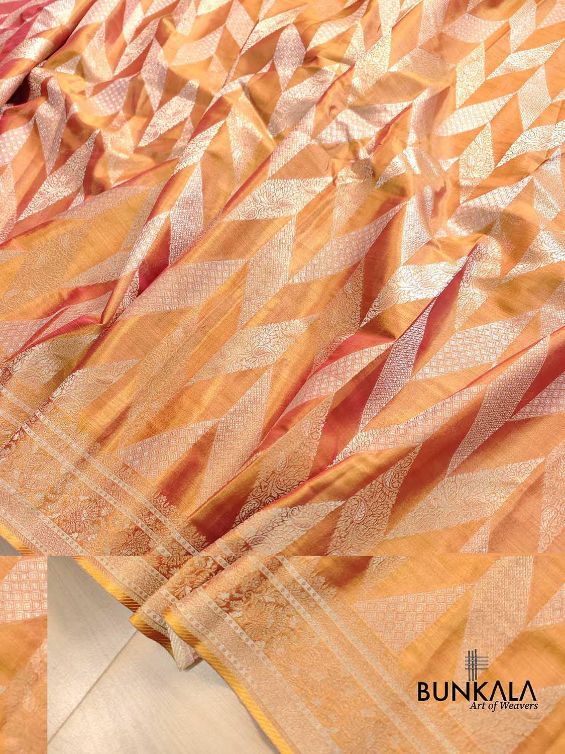 Orange Dual Shade Zig Zag Geometric Design Weaved Banarasi Tissue Silk Saree