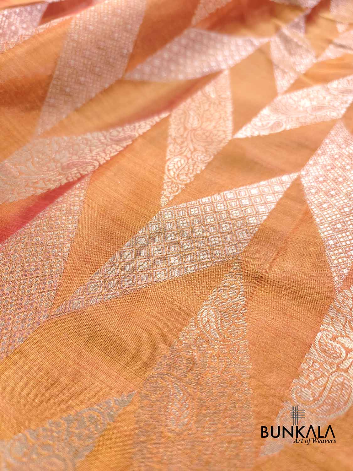 Orange Dual Shade Zig Zag Geometric Design Weaved Banarasi Tissue Silk Saree