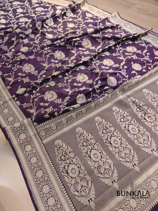 Dark Purple Floral Jaal Sona Rupa Weaved Banarasi Silk Saree