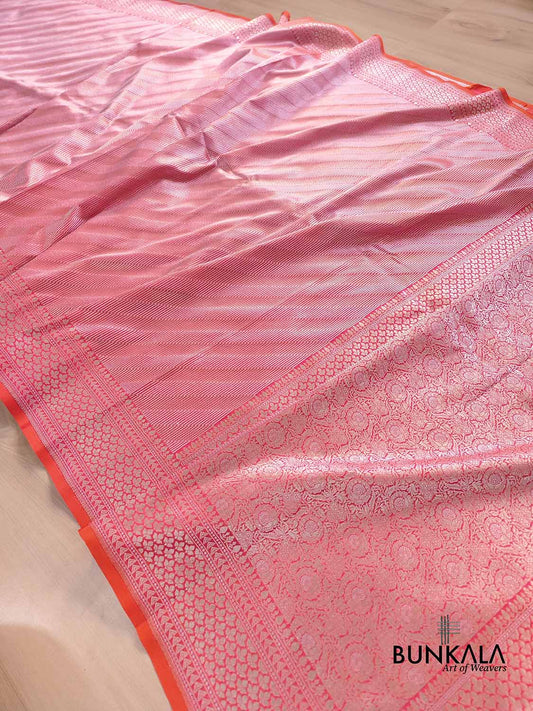 Pink Stripe Pattern Weaved Banarasi Silk Saree